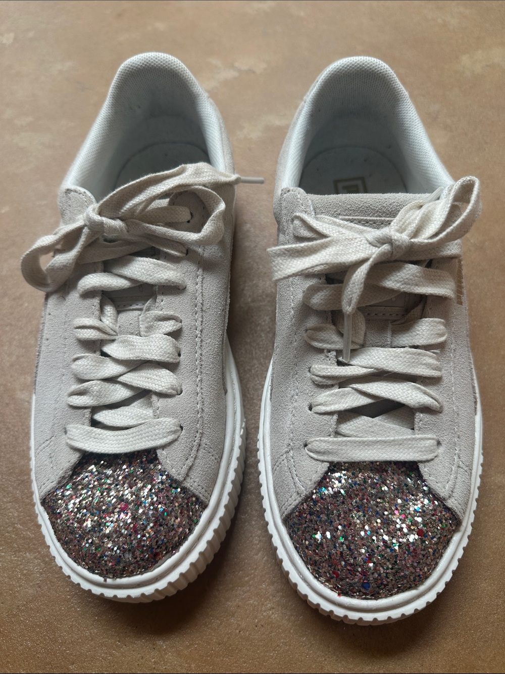 PUMA Suede Platform "Crushed Gem" Sneaker - Marshmallow Beige/Glitter, Size 6.5